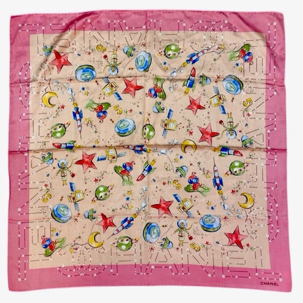Chanel Pink Whimsical Celestial Stars Moon Planet Silk Scarf